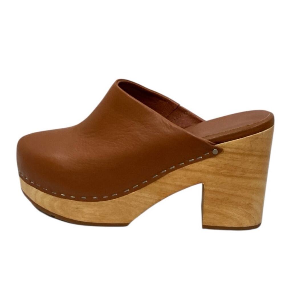 Charlotte Stone Marlo Chunky Wooden Platform Mule Clog Leather Luggage Brown 8 - Picture 5 of 13